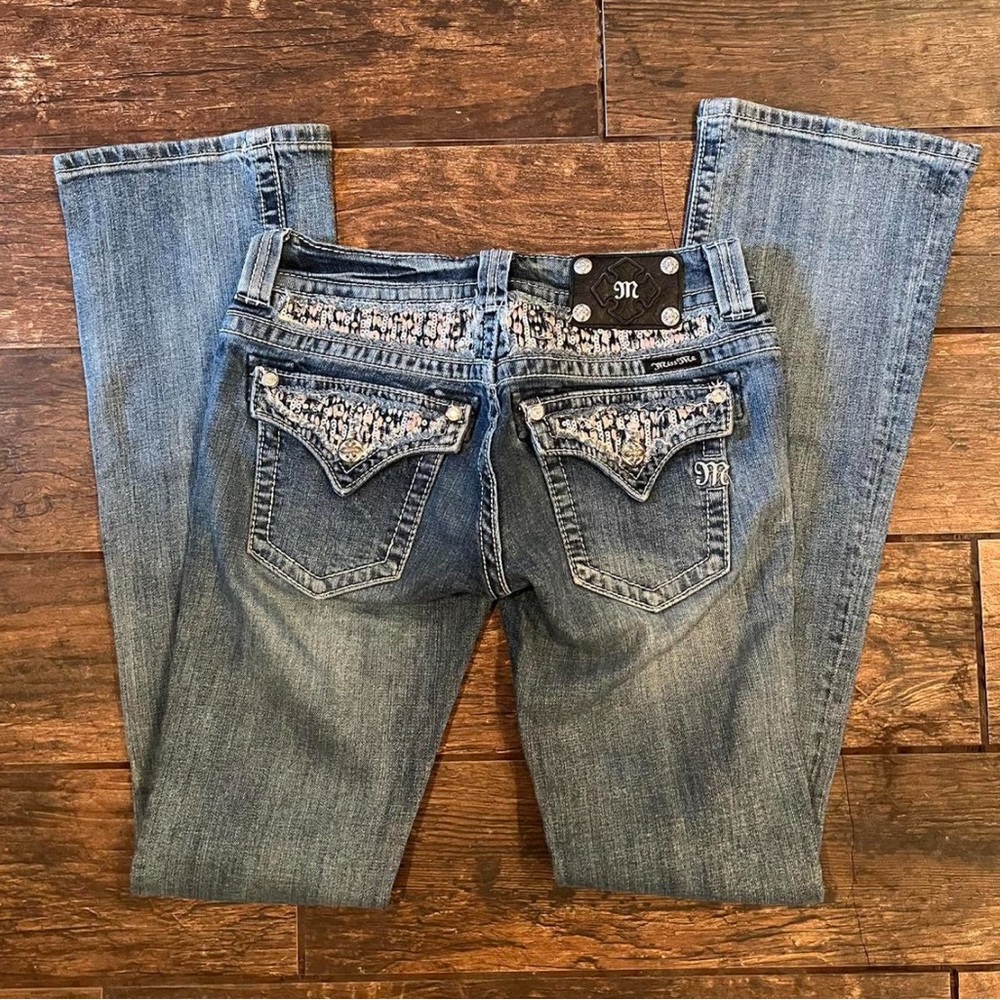 Miss Me Blue Boot Cut Jeans with Rhinestone Embellishments